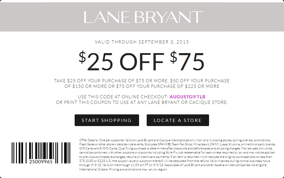 Lane Bryant Coupon April 2024 $25 off $75 at Lane Bryant, or online via promo code AUGUSTGIFTLB