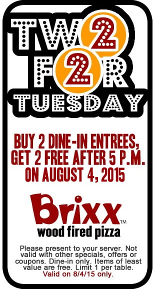 Brixx Coupon March 2024 4-for-2 entrees today after 5pm at Brixx wood fired pizza