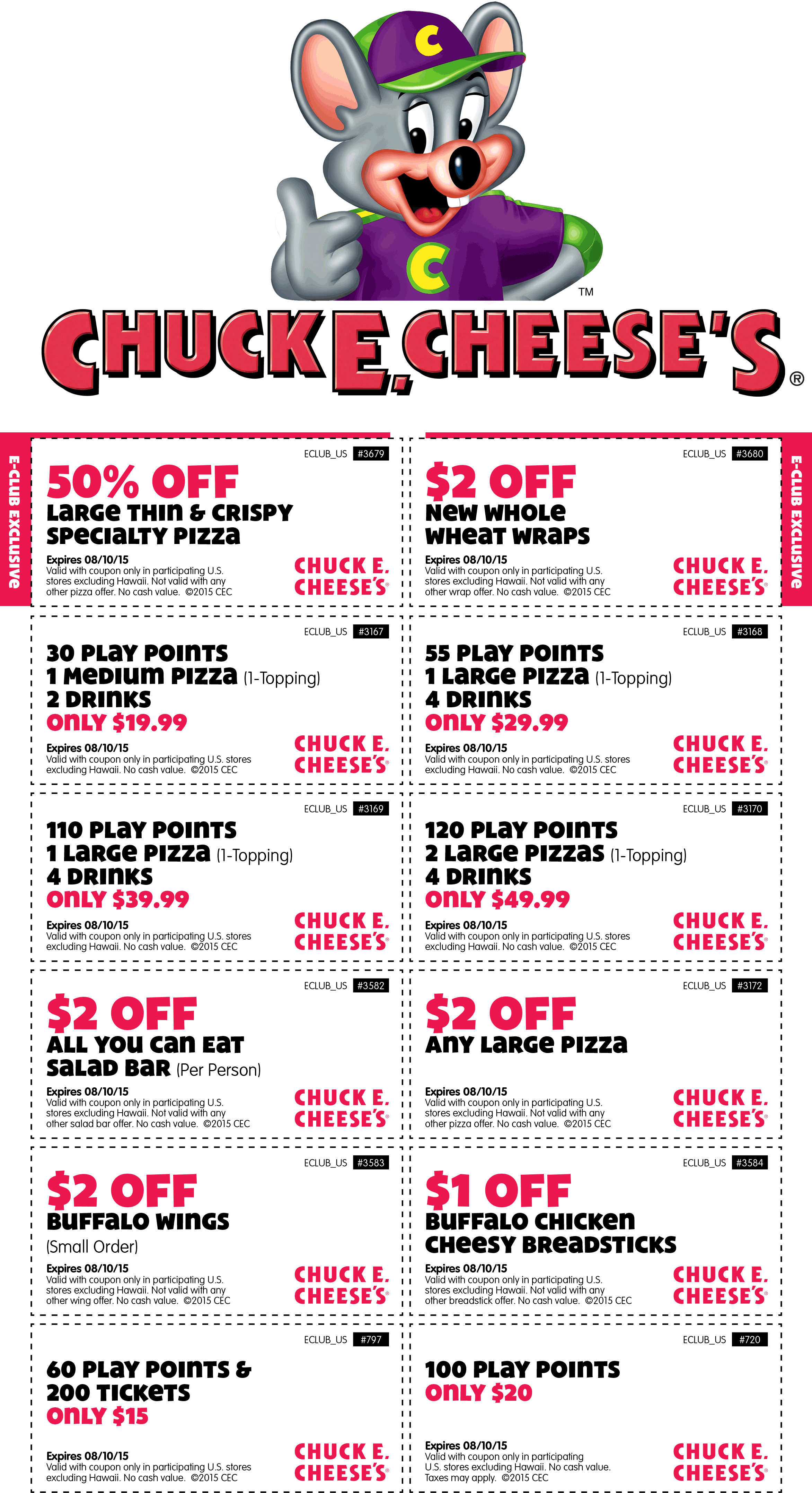 Chuck E. Cheese Coupon March 2024 50% off large pizza, 100 tokens just $20 & more at Chuck E. Cheese