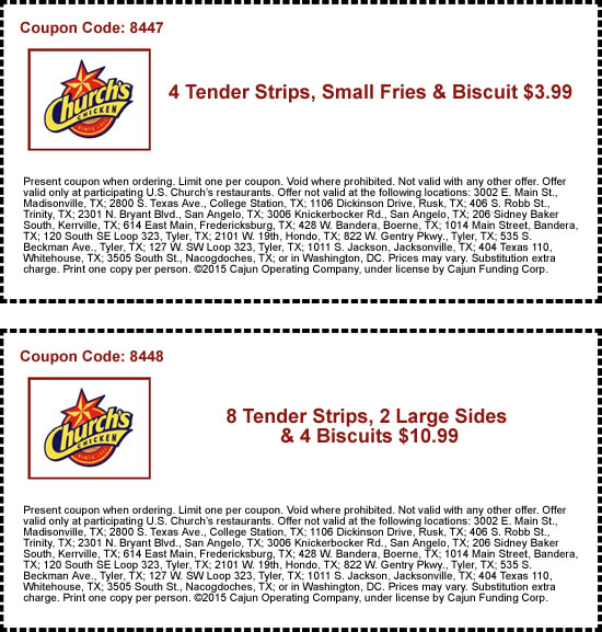 Churchs Chicken Coupon April 2024 4 tenders + fries + biscuit just $4 & more at Churchs Chicken