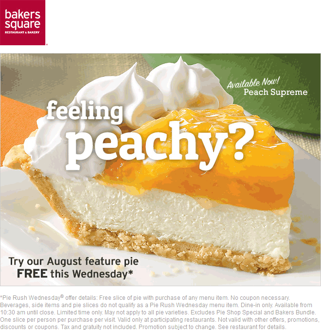 Bakers Square Coupon March 2024 Free pie with your entree today at Bakers Square