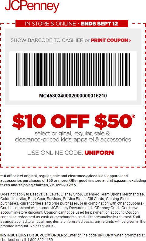 JCPenney Coupon April 2024 $10 off $50 on kids back-to-school gear at JCPenney, or online via promo code UNIFORM