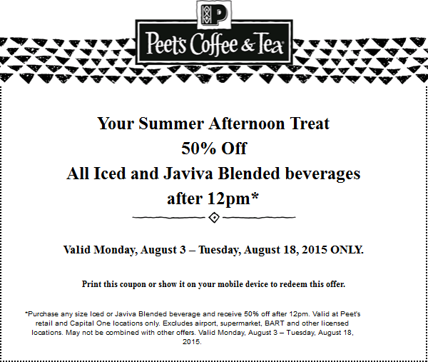 Peets Coffee & Tea Coupon April 2024 50% off iced & blended drinks after 12pm at Peets Coffee & Tea