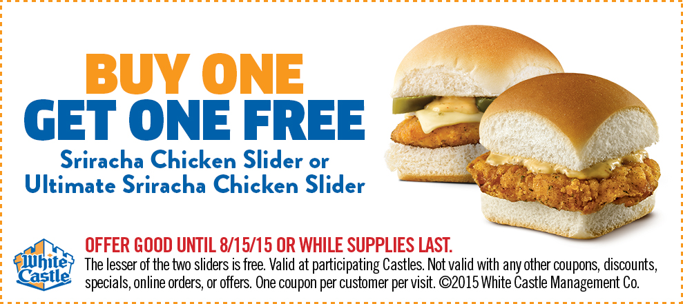 White Castle Coupon April 2024 Second chicken slider free at White Castle