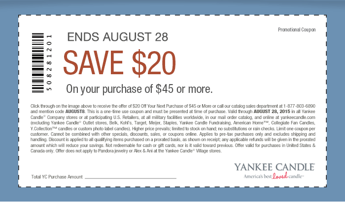 Yankee Candle Coupon April 2024 $20 off $45 at Yankee Candle, or online via promo code AUGUST8