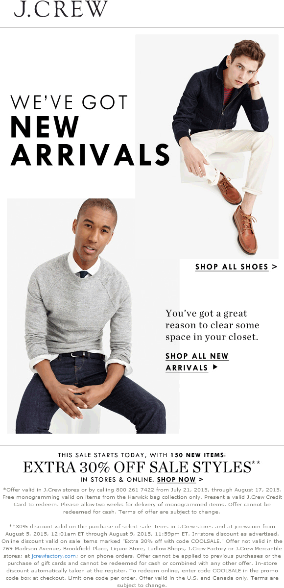 J.Crew Coupon March 2024 Extra 30% off sale items at J.Crew, or online via promo code COOLSALE