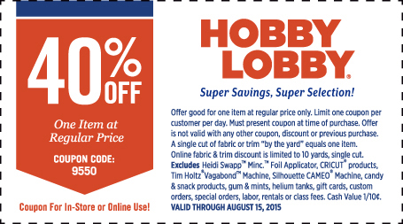 Hobby Lobby Coupon April 2024 40% off a single item at Hobby Lobby, or online via promo code 9550