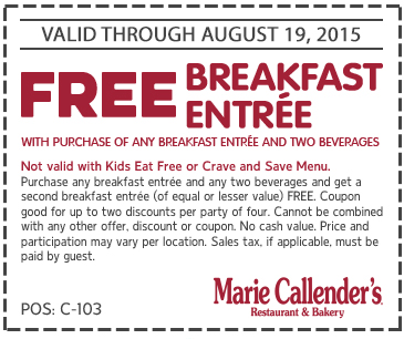 Marie Callenders Coupon March 2024 Second breakfast free at Marie Callenders restaurant & bakery