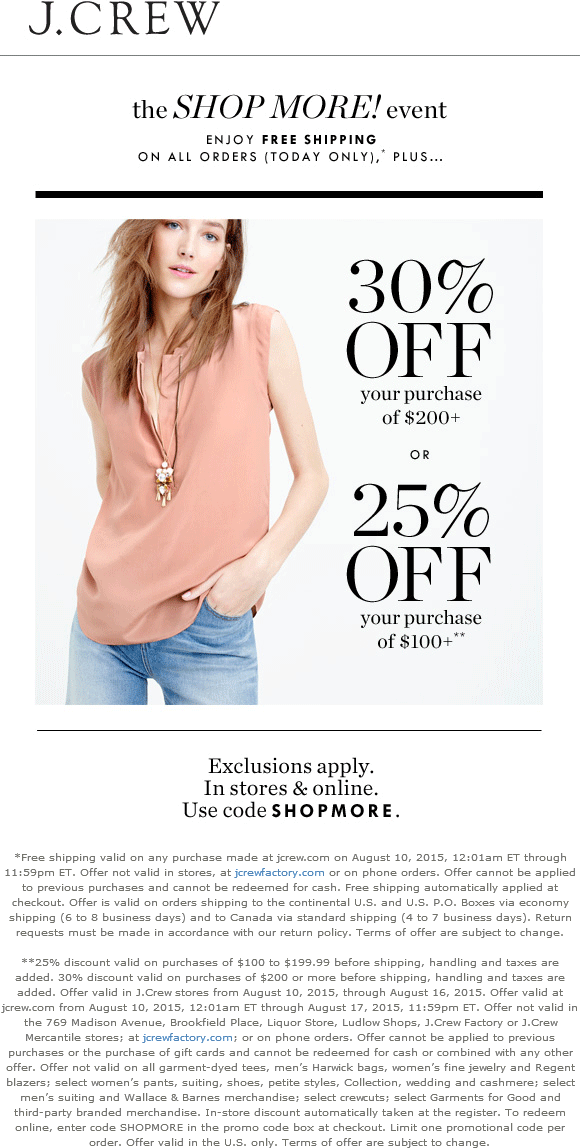 J.Crew Coupon March 2024 25% off $100 & more at J.Crew, or online via promo code SHOPMORE