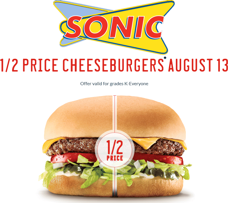 Sonic Drive-In Coupon April 2024 50% off cheeseburgers Thursday at Sonic Drive-In