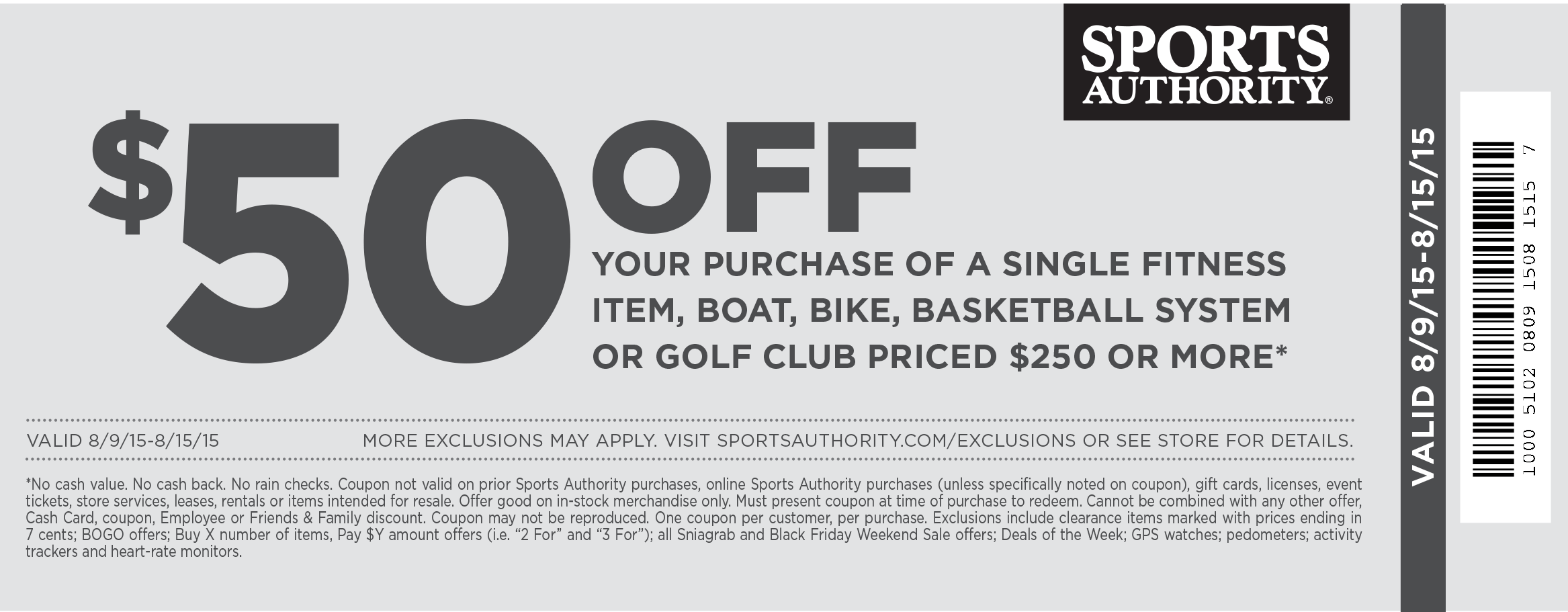 Sports Authority Coupon April 2024 $50 off $250 on a big ticket item at Sports Authority