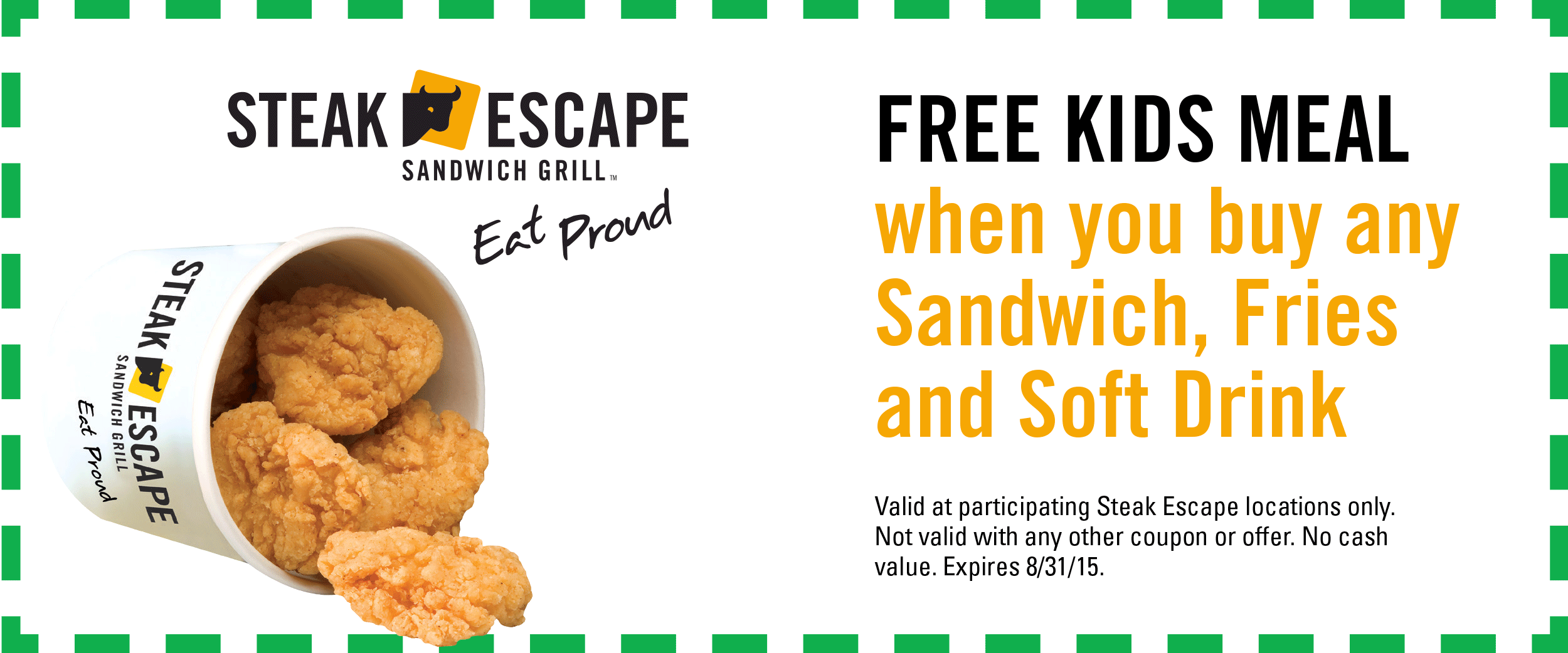 Steak Escape Coupon March 2024 Free kids meal with yours at Steak Escape sandwich grill