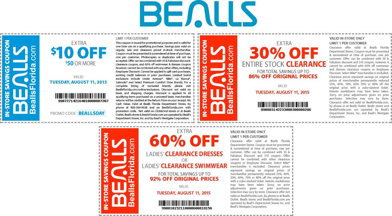 Bealls Coupon April 2024 $10 off $50 & more today at Bealls, or online via promo code BEALLSDAY