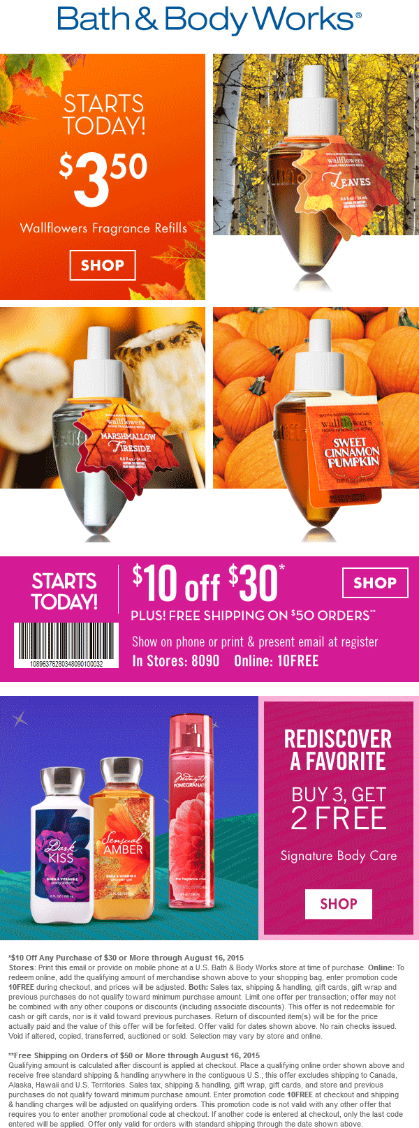 Bath & Body Works Coupon April 2024 $10 off $30 at Bath & Body Works, or online via promo code 10FREE