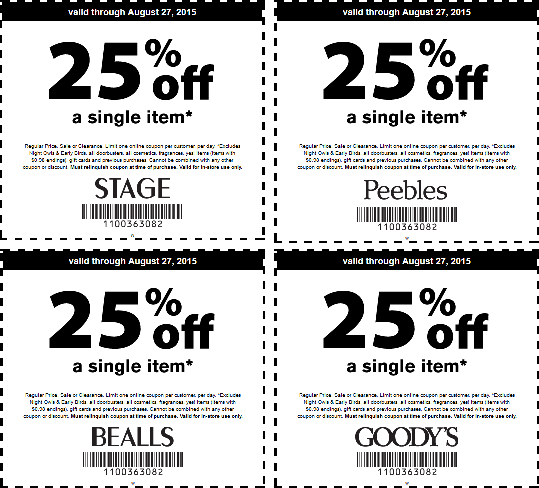 Bealls Coupon April 2024 25% off a single item at Bealls, Goodys, Peebles & Stage stores