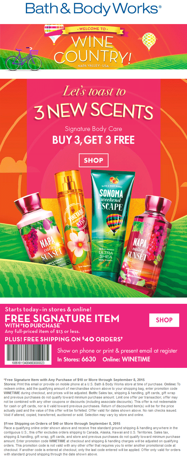 Bath & Body Works Coupon April 2024 $14 item free with $10 spent at Bath & Body Works, or online via promo code WINETIME