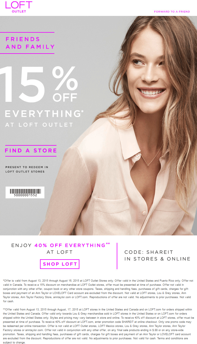 LOFT Outlet Coupon April 2024 Extra 15% off everything at LOFT Outlet locations