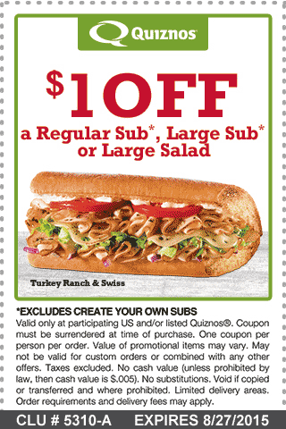 Quiznos Coupon April 2024 $1 off your sub or salad at Quiznos