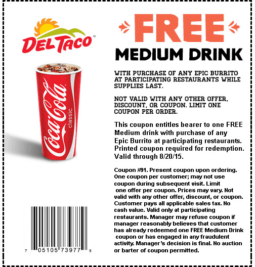 Del Taco Coupon April 2024 Free medium drink with your burrito at Del Taco