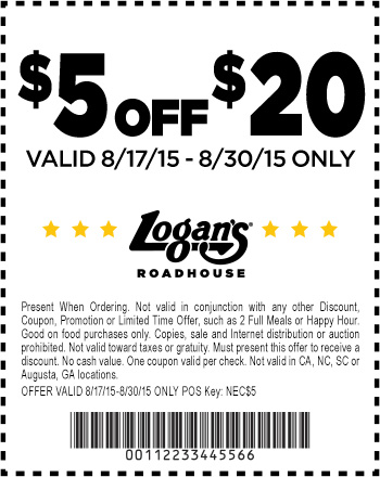 Logans Roadhouse Coupon March 2024 $5 off $20 at Logans Roadhouse restaurants