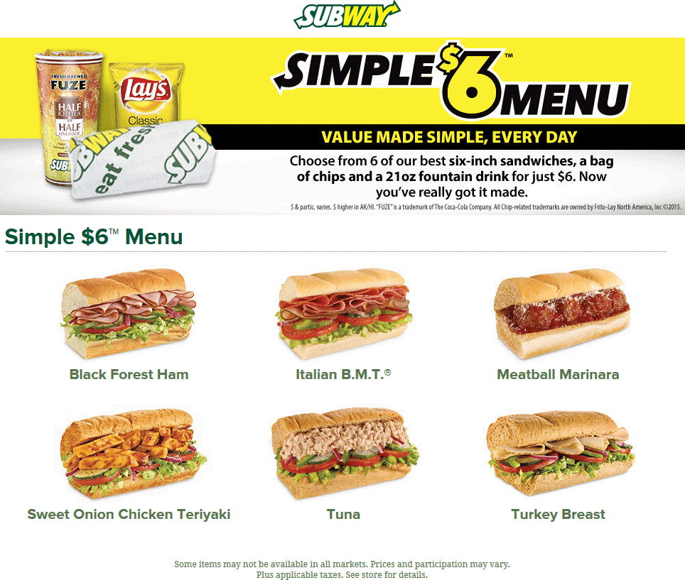 Subway Coupon April 2024 Six-inch + chips + drink combo for $6 bucks going on at Subway