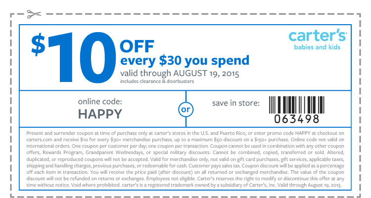 Carters Coupon April 2024 $10 off every $30 at Carters, or online via promo code HAPPY