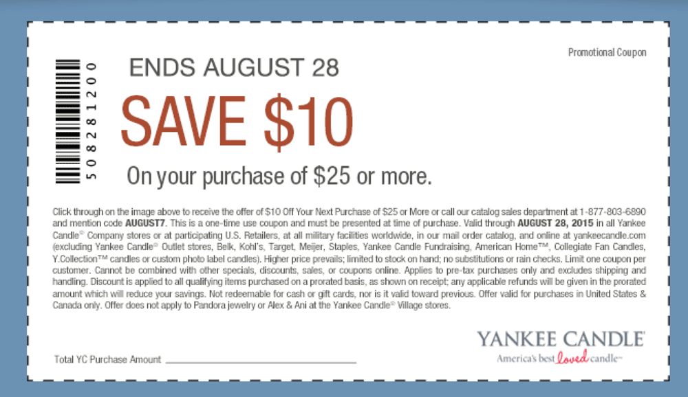 Yankee Candle Coupon April 2024 $10 off $25 at Yankee Candle, or online via promo code AUGUST7