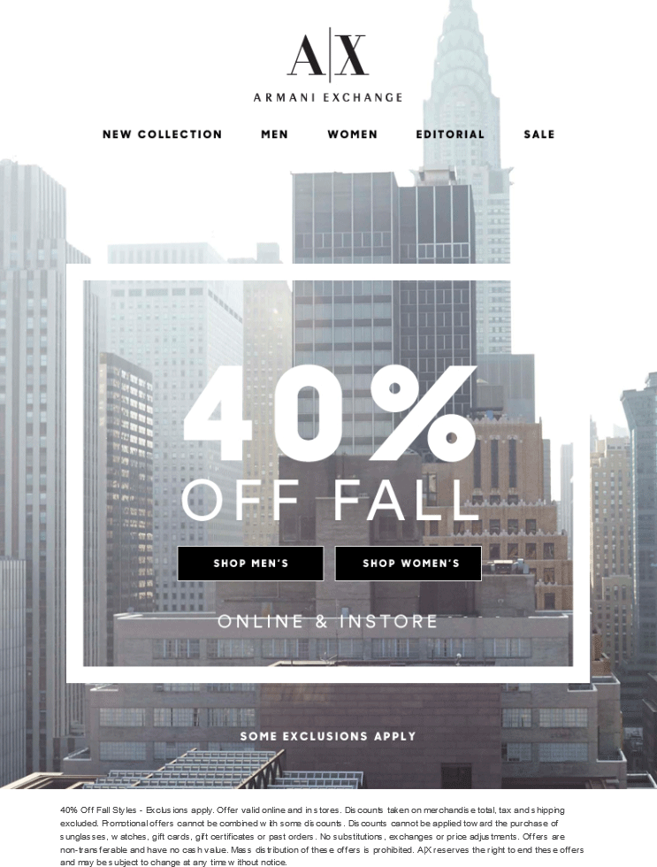 Armani Exchange Coupon April 2024 40% off Fall styles at Armani Exchange, ditto online
