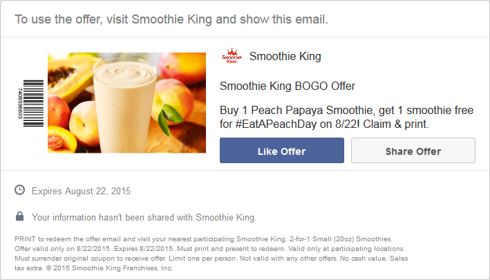 Smoothie King Coupon March 2024 Second peach smoothie free Saturday at Smoothie King