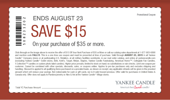 Yankee Candle Coupon April 2024 $15 off $35 at Yankee Candle, or online via promo code FALL15