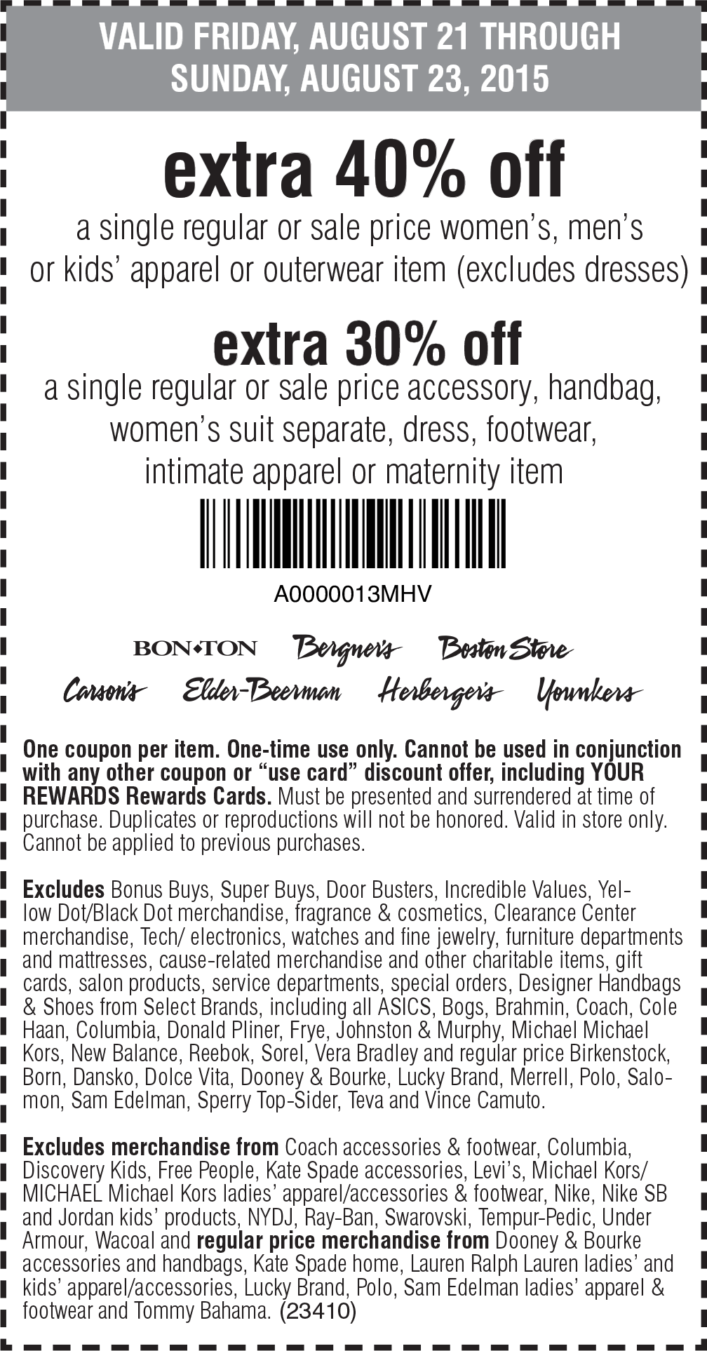 Bon Ton Coupon March 2024 Extra 40% off a single item at Carsons, Bon Ton, Bergners, Boston Store, Elder-Beerman, Herbergers & Younkers