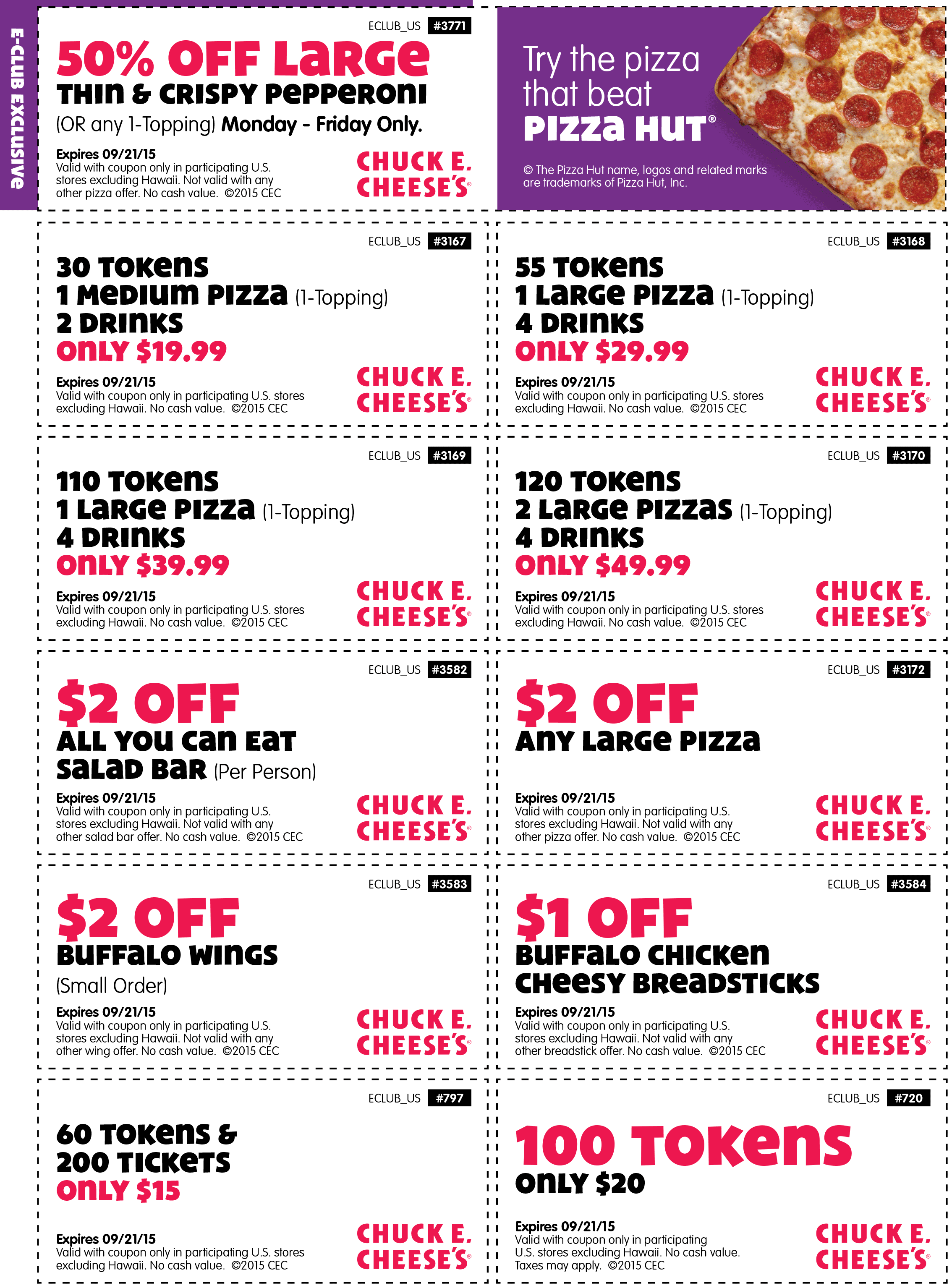 Chuck E. Cheese Coupons - 100 tokens for $20, 50% off pizza & more at ...