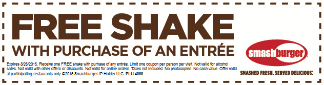 Smashburger Coupon April 2024 Free shake with your entree at Smashburger