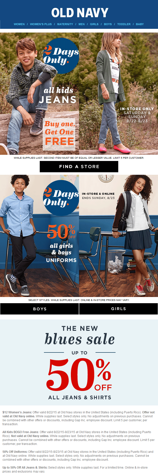 Old Navy Coupon March 2024 Second kids jeans free today at Old Navy