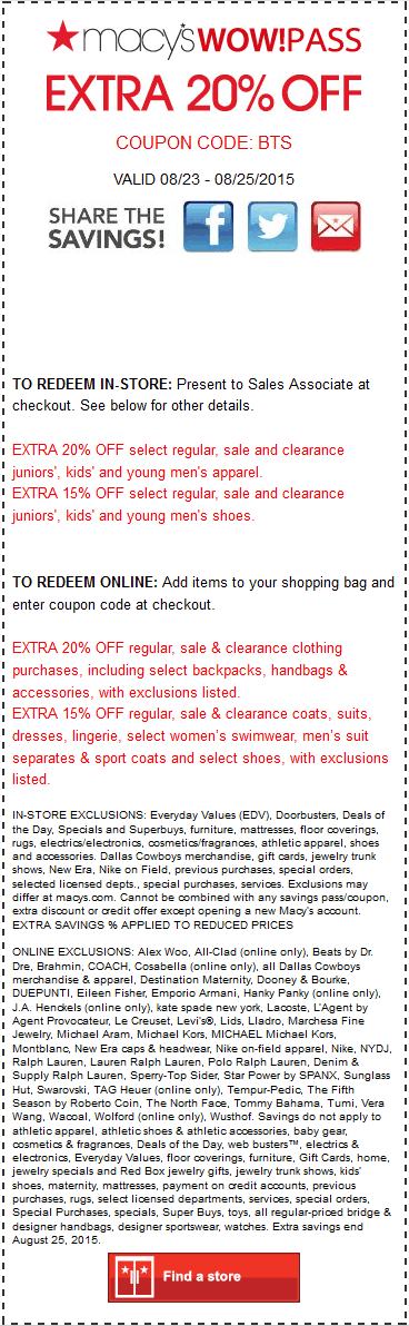 Macys Coupon April 2024 Extra 20% off at Macys, or online via promo code BTS