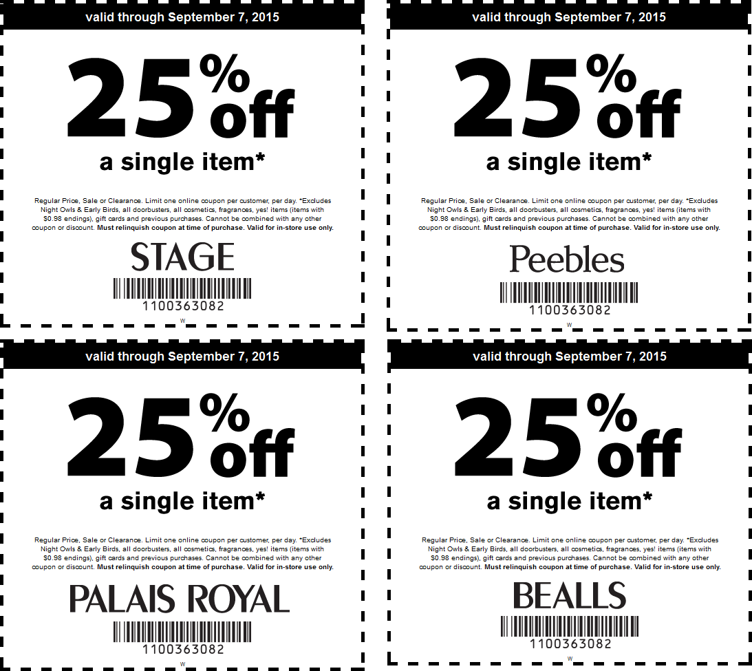 Bealls Coupon March 2024 25% off a single item at Bealls, Peebles, Palais Royal & Stage stores