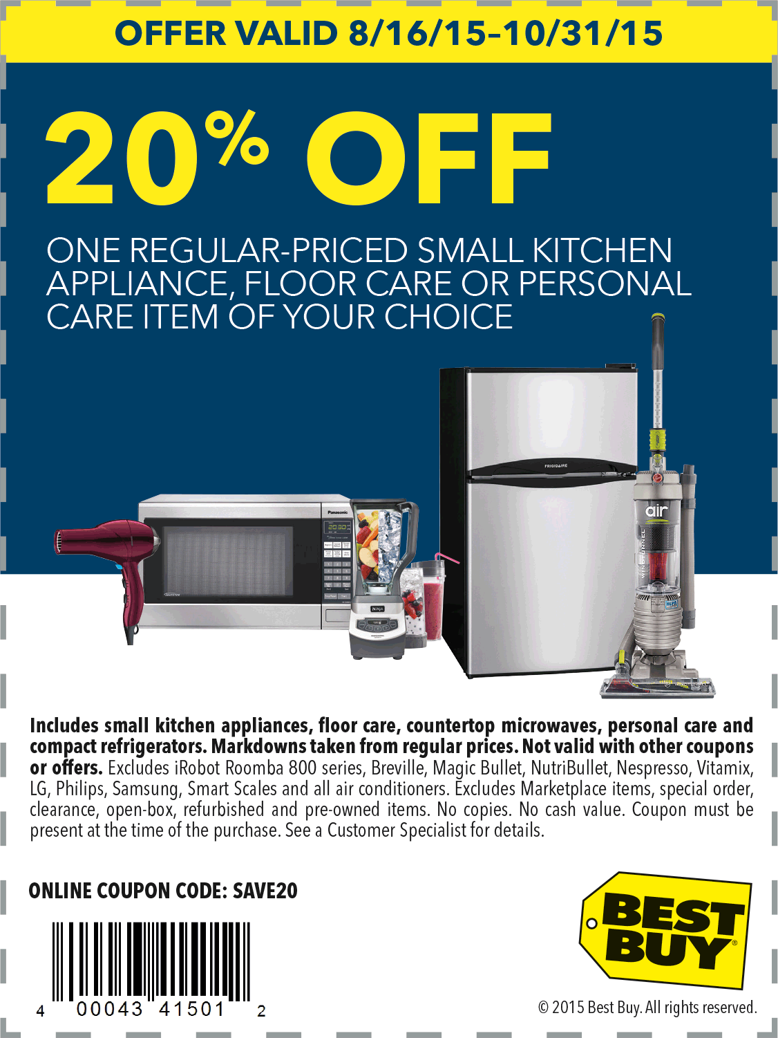 Best Buy Coupon April 2024 20% off a single appliance at Best Buy, or online via promo code SAVE20