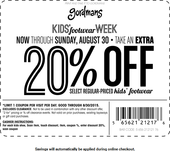 Gordmans Coupon April 2024 Extra 20% off kids footwear at Gordmans, ditto online