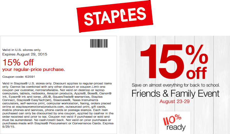 Staples Coupon March 2024 15% off at Staples