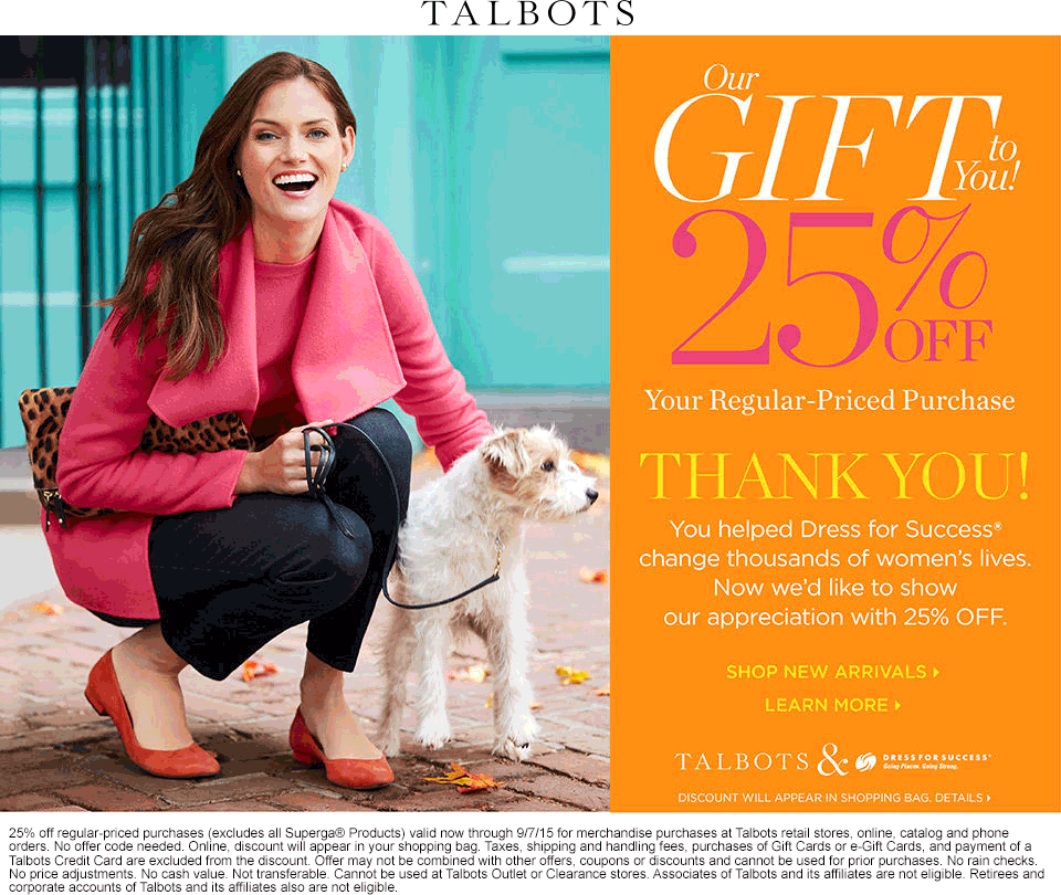 Talbots Coupon April 2024 25% off at Talbots, ditto online