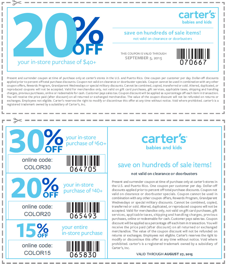 Carters Coupon March 2024 20% off $40 at Carters, or online via promo code COLOR20