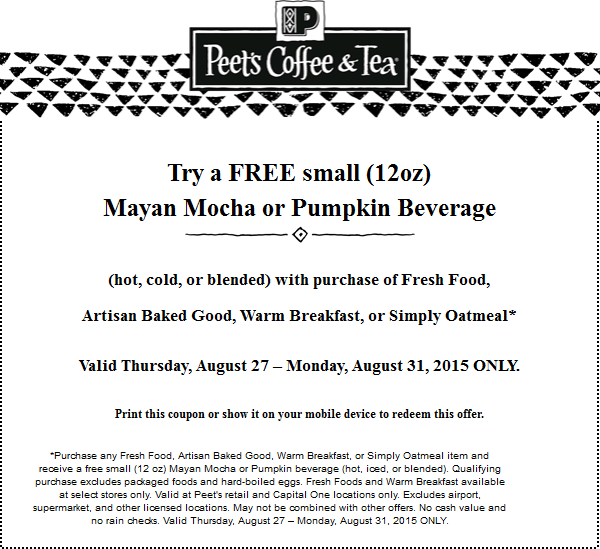 Peets Coffee & Tea Coupon April 2024 Free pumpkin or mocha drink with your food item at Peets Coffee & Tea