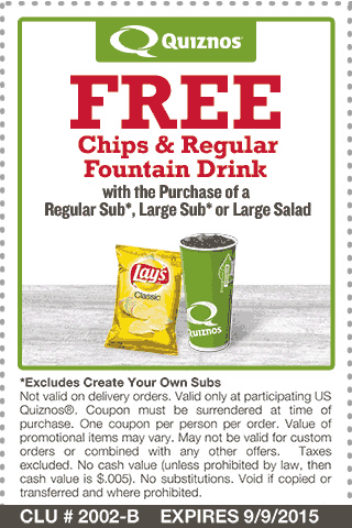 Quiznos Coupon May 2024 Chips & drink free with your sub at Quiznos