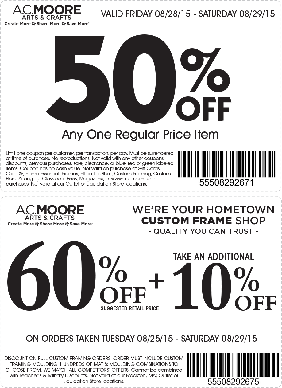 A.C. Moore Coupon April 2024 50% off a single item today at A.C. Moore crafts
