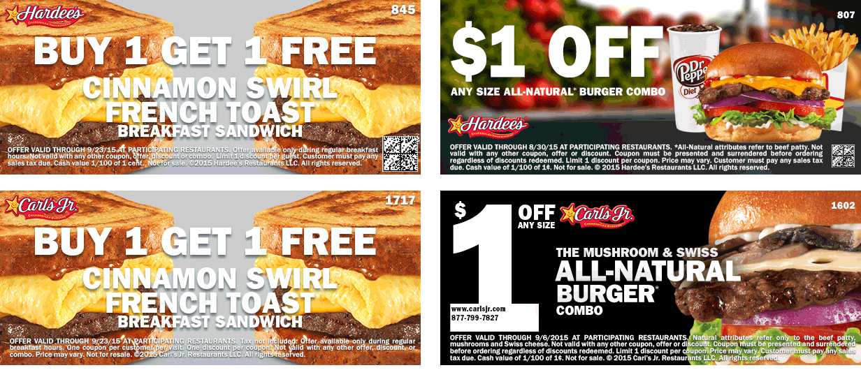 Hardees & Carls Jr. Coupon April 2024 Second cinnamon french toast sandwich free at Hardees & Carls Jr