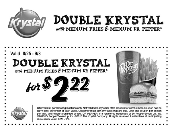 Krystal Coupon April 2024 Double burger + medium fries + drink just $2.22 at Krystal restaurants
