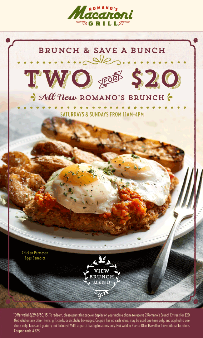 Macaroni Grill Coupon April 2024 Two brunches for $20 today at Romanos Macaroni Grill