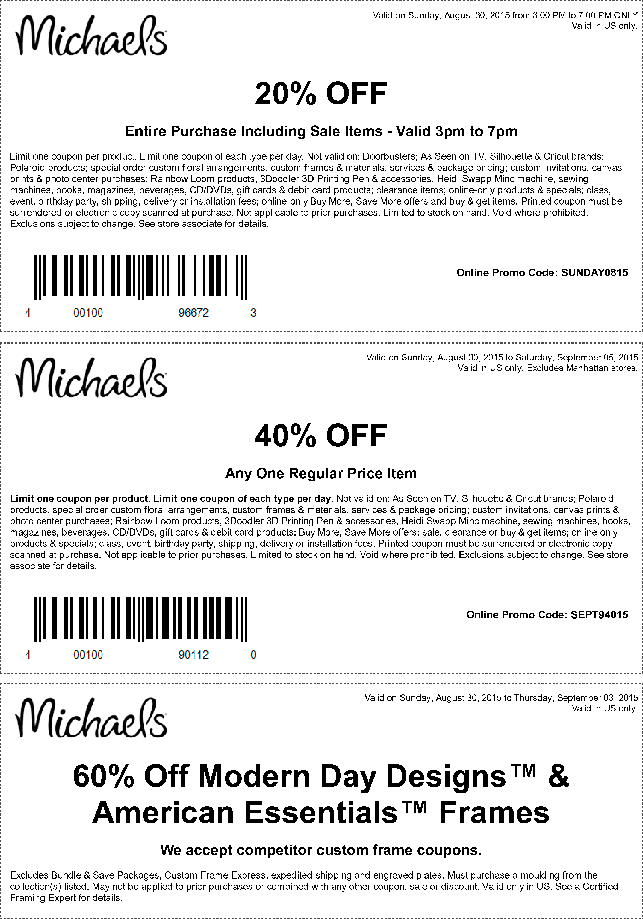 Michaels Coupon April 2024 20% off everything Sunday, or 40% off a single item at Michaels, or online via promo code SEPT94015