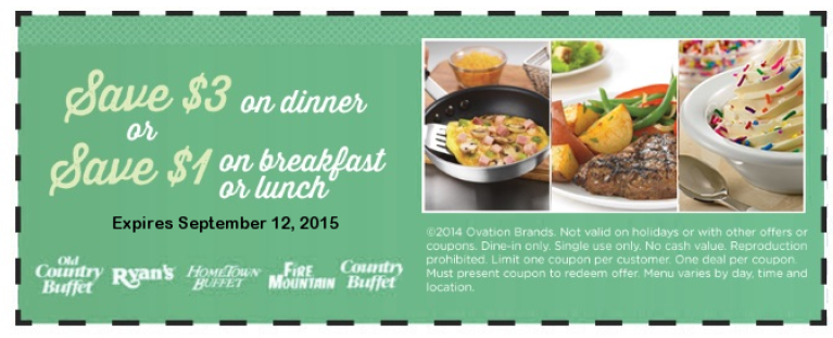 Old Country Buffet Coupon April 2024 $3 off dinner at Old Country Buffet, Ryans, Hometown Buffet & Fire Mountain restaurants