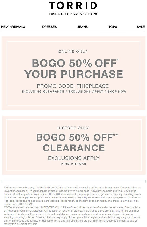 Torrid Coupon April 2024 Second clearance item 50% off at Torrid, or any item online via promo code THISPLEASE